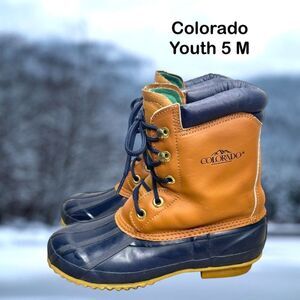Colorado Youth Brown Leather Thermolite Blue Rubber Winter Duck Boot Size 5 M